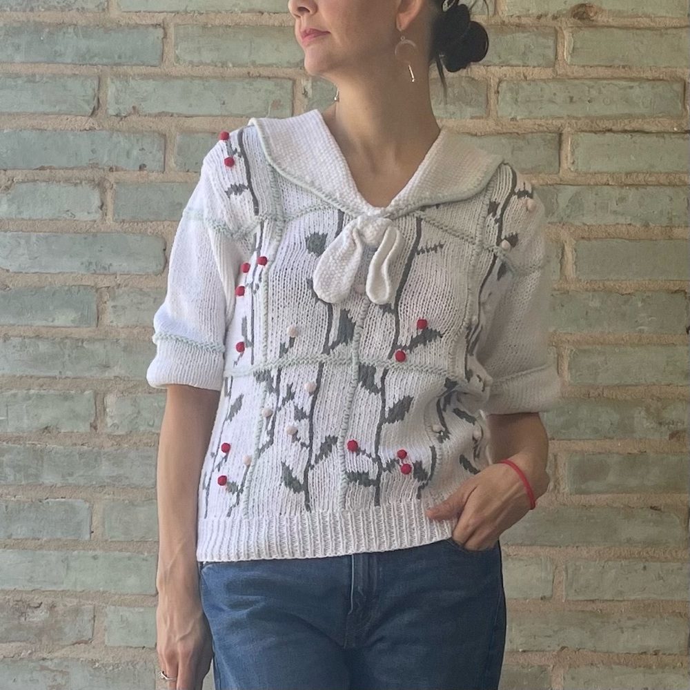 Vintage Granny Sweater 90s White Short Sleeve Tie Sailor Collar Bobble Knit Top